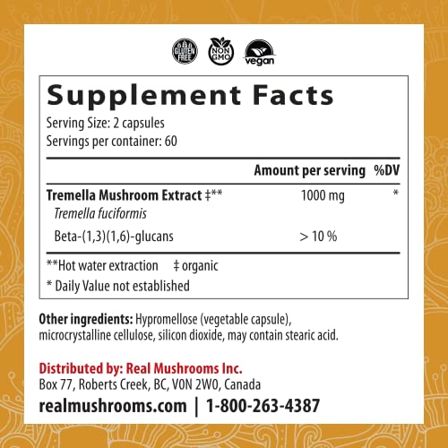 Real Mushrooms Tremella Mushroom Extract (120 ct) Mushroom Blend for Immune Support, Brain, and Skin - Vegan, Non-GMO, Organic Mushroom Supplements for Humans - Immune Support Supplement - Image 4
