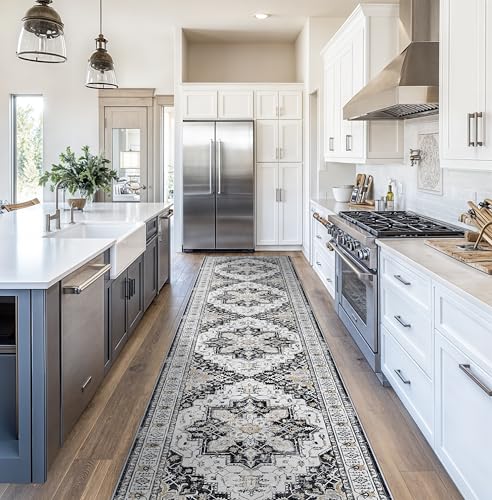 Madane Hallway Runner Rug 2'6''x12' Kitchen Runner, Non Slip Vintage Runners for Hallways Washable Kitchen Rugs Soft Low Pile 2.5x12 ft Rug Runner for Laundry Room, Entryway and Bedroom, Black