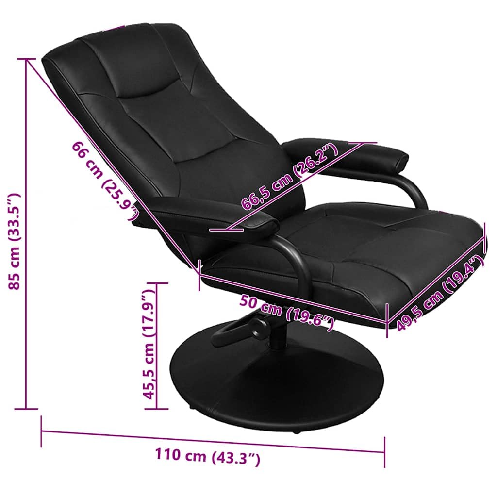Fotel TV z podnóżkiem, czarny, sztuczna skóra, regulowane oparcie, rama z drewna, metalowa, obrotowa, ergonomiczna, do salonu, biura, czytania i relaksu