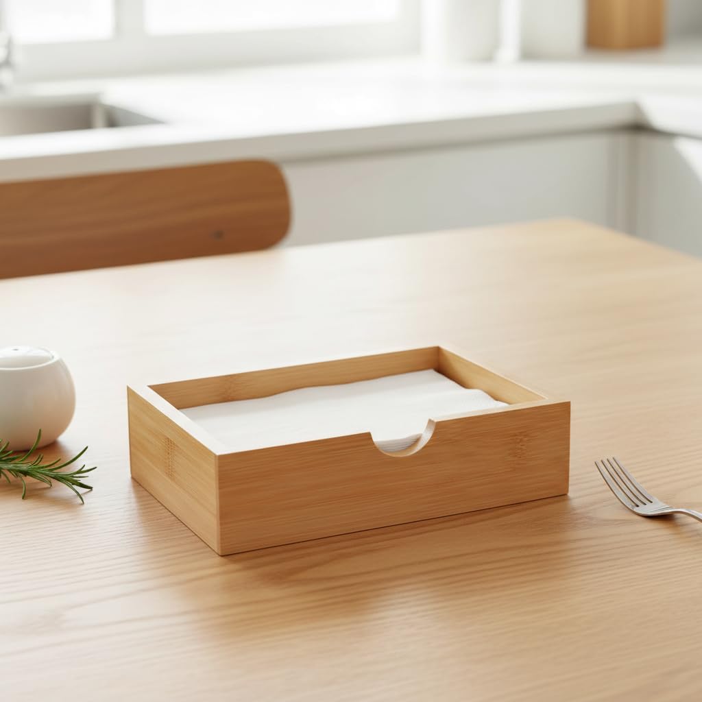 Deconox Doğal Bambu Peçetelik ve Çok Amaçlı Organizer Kutu - 18.5x12.5x5 cm Masaüstü ve Banyo Düzenleyici Ahşap Stand