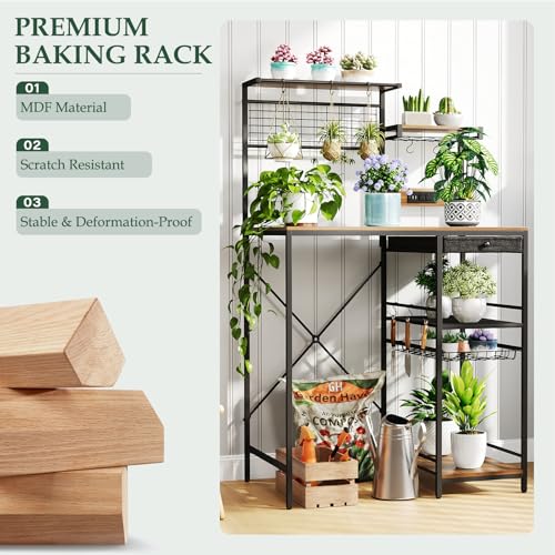 MYOTA Kitchen Storage Bakers Rack with Power Outlet – Coffee Bar Station with S-Shaped Hooks & Drawer, Adjustable Feet Microwave Stand for Microwave, Mini Fridge, Coffee Maker, Brown — view 4