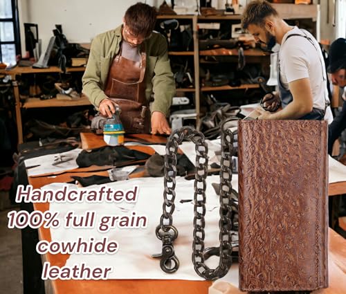 Image of F&L CLASSIC RFID Blocking Mens Tri-fold Long Style buffalo crazy horse Leather Steel Chain Wallet,ostrich print brown,212-51