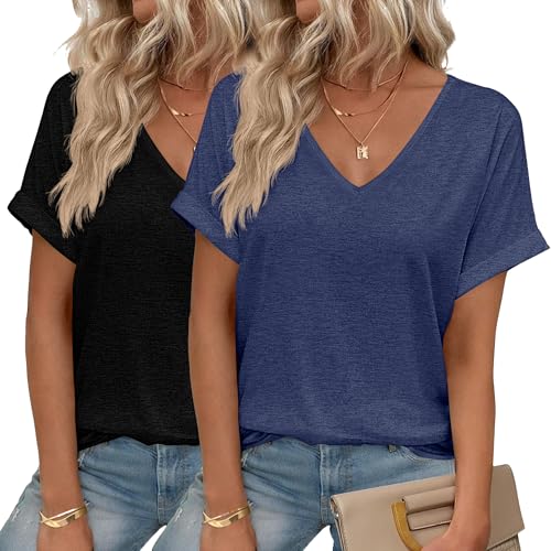 HOTOUCH Womens Summer Tops Roll-up Short Sleeve V Neck Basic T Shirts Workout Soft Fashion Trendy Plain Casual Tees