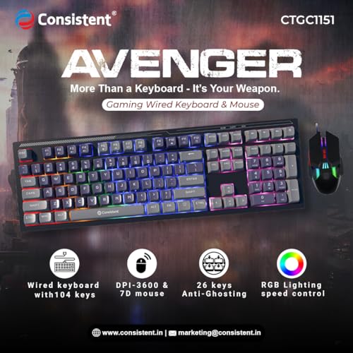 Image of Consistent Avenger Wired Gaming Keyboard & Mouse Combo | 26 Anti-Ghosting Keys | USB Connectivity | 3600 DPI | 1.5 Mtr Cable Length | 7D Optical Mouse