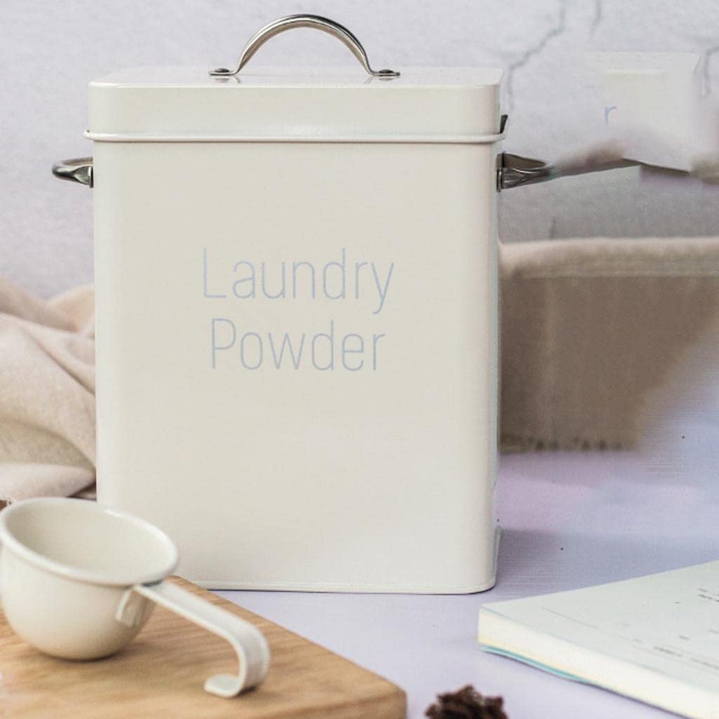 Grande contenitore di latta per bucato in polvere con cucchiaio, bianco