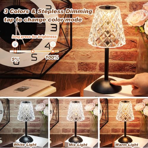 Image of Liliful 2 Pcs Cordless Table Lamp Rechargeable Touch LED Small Gold Portable Battery Operated USB-c Desk Lamp 3 Color Dimmable for Bedroom Living Room Dining (Black,Diamond Style)