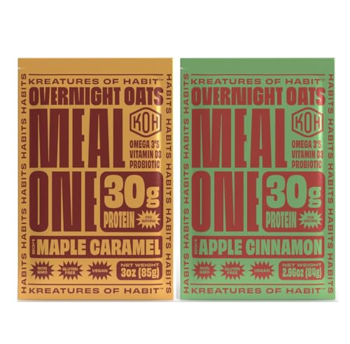 Kreatures of Habit MEAL ONE | Overnight & Instant Superfood Protein Meal Replacement | Gluten Free, Dairy Free, 30g of Plant Based Protein, 7 Packs of Each | Maple Caramel and Apple Cinnamon