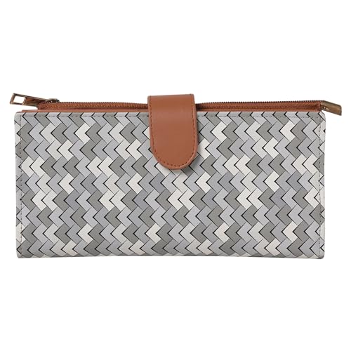 Women's Wallet - Handcrafted Vegan Leather Clutch with Magnetic Closure, Two-Fold Design, 10 Card Slots, ID Slot, Notes & Coin Compartment - Grey-White