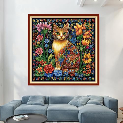 Image of Magxvouy Cross Stitch Kits Stamped Full Range of Embroidery Kits,Cross Stitch Patterns Needlework Kits for Beginners 11CT Printed Kits&Colorful Flower Cat 18x18 inch