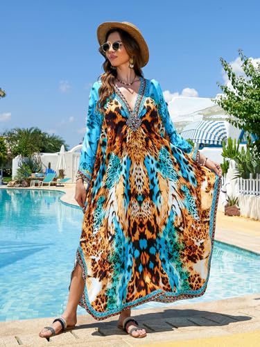 Image of IMAGEKOPE Women's Plus Size Animal Print V-Neck Batwing Kaftan Beach Dress Bathing Suit Cover-Up Loungewear
