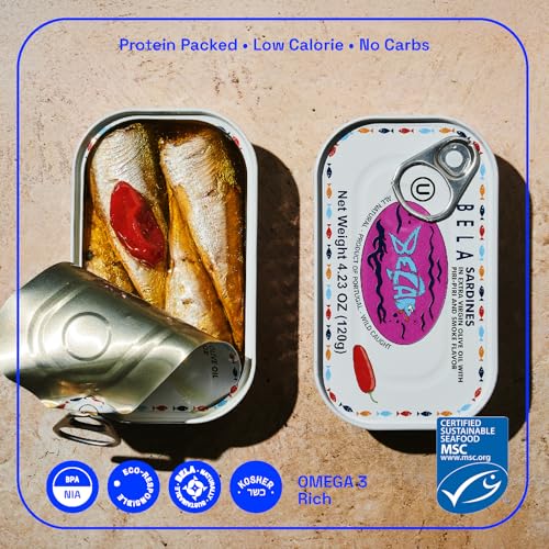 Image of BELA Wild Caught Portuguese Sardines - Lightly Smoked and Marinated in Piri Piri Flavored Extra Virgin Olive Oil | 4.25 Oz (Pack of 12) | All Natural, High Protein, Hand Selected, Sea Salted, & Omega 3 Rich