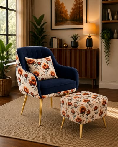 Image of Floral Accent Chair with Ottoman | Premium Velvet Upholstered Armchair with Golden Metal Legs | Modern Lounge Chair for Living Room, Bedroom & Reading Corner | Designer Chair 1pc