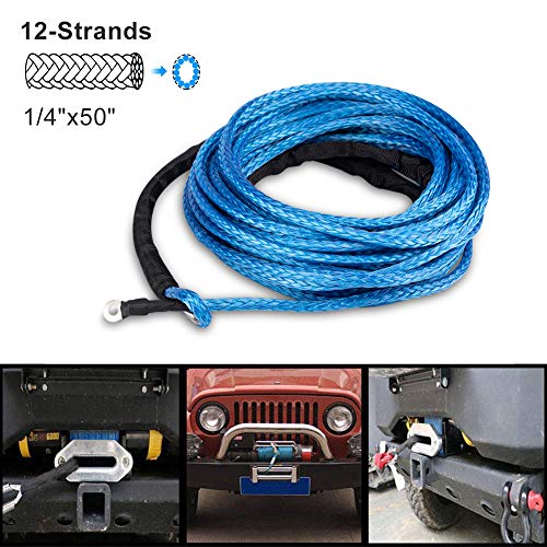 Winch Rope 1/4''x50' Synthetic Winch Cable Blue Winch Rope 7500+ LBs with Sheath for atvs Winches ATV UTV SUV Truck Boat Ramsey Nylon Winch Rope Extension
