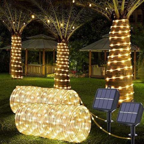Solar Rope Lights, 2 Packs 66ft 200LED Solar String Lights, 8 Modes Waterproof Solar Powered Outdoor Lights, Flexible Clear Tube Lights for Garden, Backyard, Patio, Deck, Pool,Tree Decor - Warm White Cover