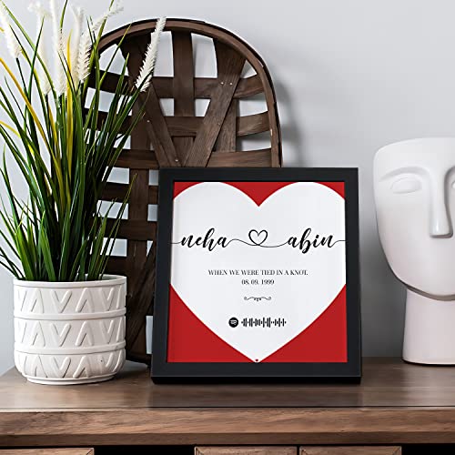 Image of Ritwika's Personalized Spotify Song Barcode With Name Message Date Heart Digital Print Engineered Wooden Tabletop Frame For Desk 17 X 17 CM Red & White Set Of 1