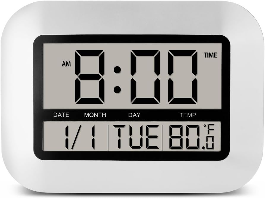 Large Digital Wall Clock with Date Calendar & Temperature,Silent Desk Decor Clocks with Indoor Temp,Battery Operated 8.3” LCD Screen Alarm Clock for Office Bedroom Living Room Kitchen(Sliver)