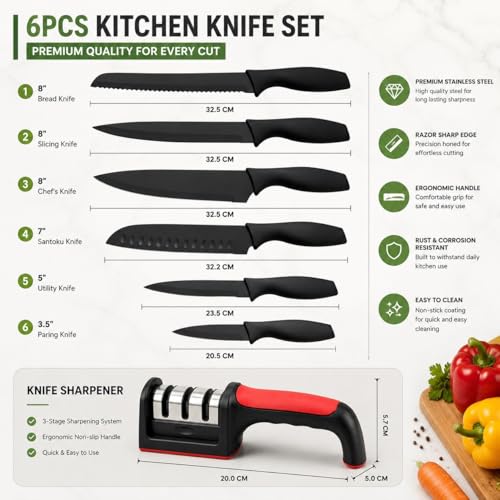 Image of Kitchen Knife Set 3-Piece with Knife Sharpener Tool, Stainless Steel Chef Knives, Sharp Cutting Knives for Kitchen, Vegetable, Fruit & Meat Cutting (6 Knife Set + Knife sharpner)