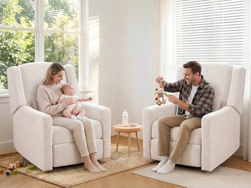 Image of Power Nursery Rocking Chairs Set of 2, Skin-Friendly Teddy Fabric Nursery Recliner Chair Swivel Gilder, Power Nursing Chair for Adults with Waist Pillow, USB Charging,Beige