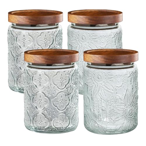 Image of 4-Pack 24 OZ Vintage Glass Jar with Lid, Airtight Food Storage Canisters with Bamboo for Kitchen Counter Pantry, Ideal for Coffee, Candy, Tea, Oats, Sugar, Cookies Decorative Jars