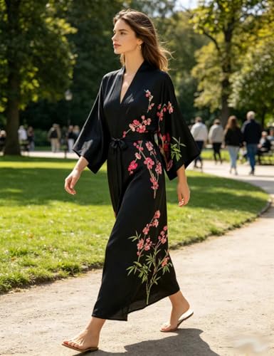 Image of Women's Classic 100% Silk Kimono Robe, Bathrobe-Printed Pattern