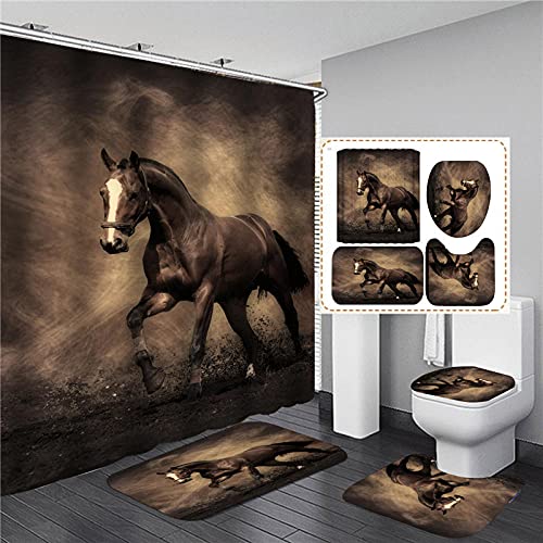 ZDDWLDL 3D Gedruckter Duschvorhänge Set Schwarzbraunes Tierpferd Duschvorhang Set 4 Stück Badezimmer Dekor Vorhang mit…