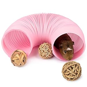 Niteangel Small Animal Foldable Play Tunnel with Fun Toys 59 x 315 inches for Guinea Pigs Rats and Dwarf Rabbits Pink
