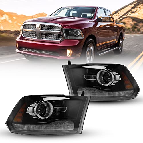 ROXX Headlights Assembly for 2009-2018 Dodge Ram 1500 2500 3500, High Low Beam Headlights Pair with Led Amber Turn Signals/ Led DRL/ Amber Position Lights for Dodge Ram Pickup, Left and Right (Black)