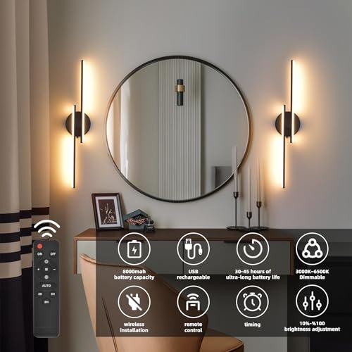 Image of Rechargeable Battery Operated Wall Sconce Set Of Two, Black Wireless LED Wall Sconces With Remote Control, Dimmable 3 Colors Cordless wall lights for Living Room, bedroom, Hallway, 23.6 Inch ( 2pcs)