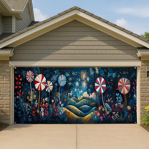 Grande housse de porte de garage colorée - Décoration de fête de vacances en plein air - Toile de fond artistique au pays des merveilles d'hiver - 397 x 180 cm