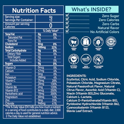 Image of Electrolytes Powder Packets - Sugar Free & Zero Calorie Liquid Daily Drink Mix - Instant Hydration & Energy Supplement with 6 Electrolytes and 5 Vitamins, Keto Friendly & Vegan - 12 Sticks