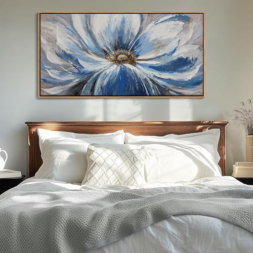 Image of Large Blue Wall Art Framed, White Flower Canvas Pictures for Living Room Bedroom, Modern Floral Nature Artwork with Solid Wood Dark Frame, Big Size 24x48 Inch, Ready to Hang