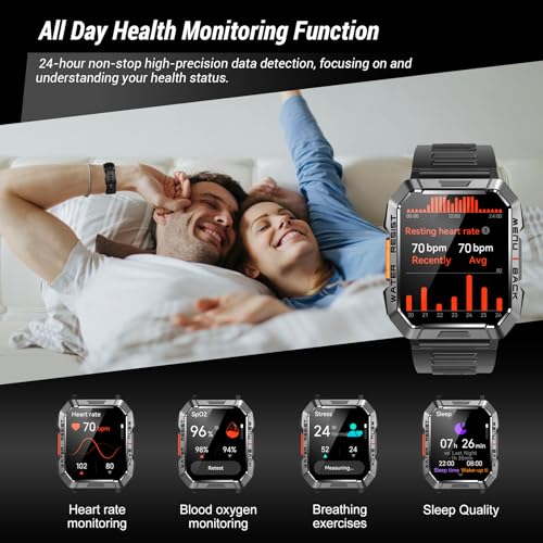 Image of IOWODO Military Smart Watch for Men (Answer /Make Calls), 2.01'' Smart Watch for Android and iPhone, Fitness Tracker with Flashlight /Compass /100 Days Battery /Heart Rate /Sleep /100+ Sport Modes(2 Straps)