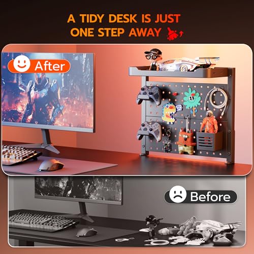 Image of ARES WING Desk Clamp On Pegboard with 16 inches Organizer Shelf, Adjustable Above or Under Desk Storage Shelf Holds 44 lbs, Magnetic Metal Peg Board for Office and Gaming Accessories, Black