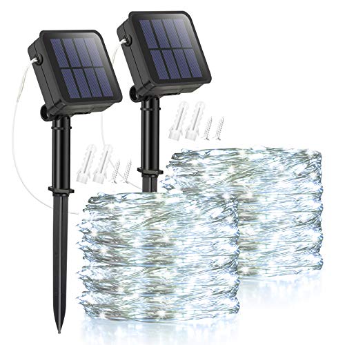 Solar Fairy Lights, 2 Pack 32.8ft 100 LED Solar String Lights White, 8 Modes Indoor/Outdoor Solar Christmas String Lights Waterproof Solar Twinkle Light for Garden Party Lawn Decoration