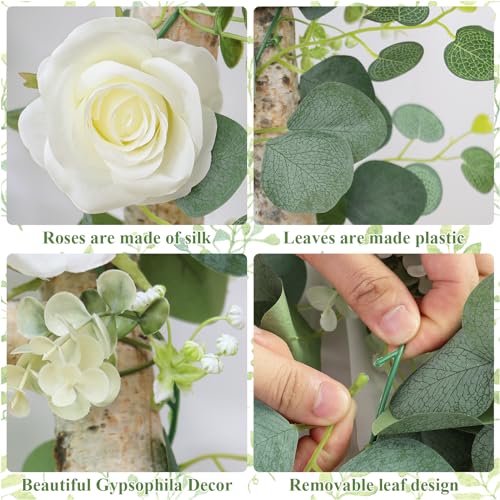 Dremisland 2PCS/12 FT Artificial Eucalyptus Flower Garland Spring Decor White Rose Fake Flowers Outdoor Greenery Fake Eucalyptus Garland Hanging Wisteria Faux Vines for Wedding Table Runner Backdrop - Image 3