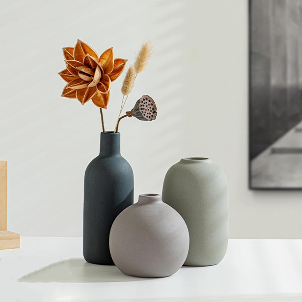 Juego de 3 Jarrones de Cerámica,Jarrones Deco Estética Neutra Boho Floreros Deco Escandinavos, decoración Moderna de la casa de Campo,para la Sala de Estar,la Mesa,el Estante,la Entrada (Multicolor)