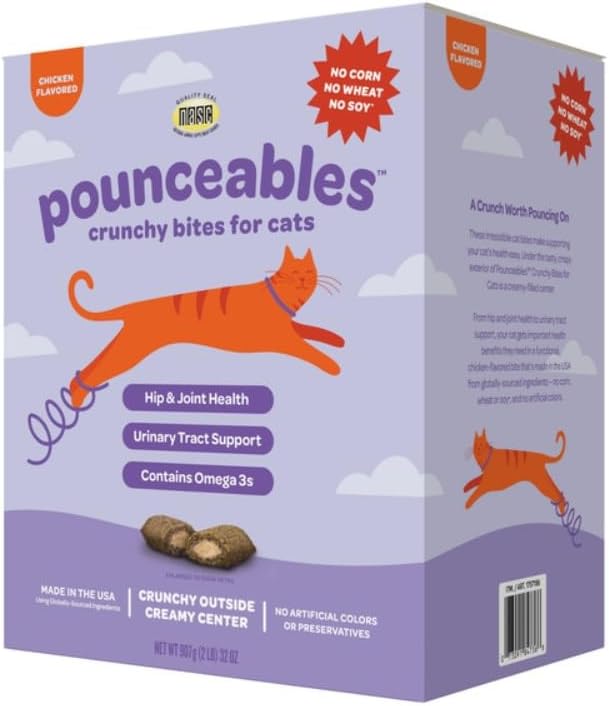 Pounceables Crunchy Bites for Cats, Chicken Flavor, 32 Ounce, Hip and Joint Health, Urinary Tract Support, No Corn, Wheat or Soy, No Artificial Colors or Preservatives, Contains Omega 3's