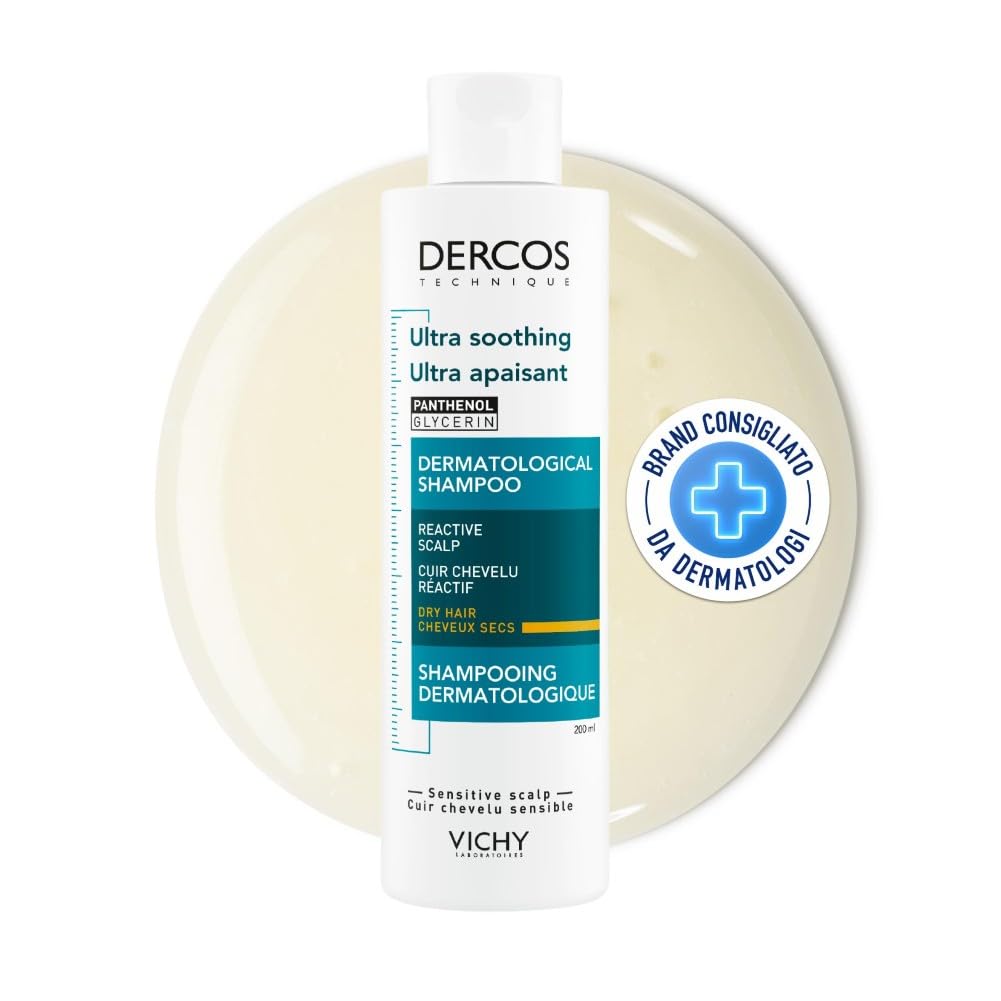 Vichy Dercos, Shampoo Ultra Lenitivo, Per Cute Sensibile e Capelli Secchi, Azione Lentiva, Prurito della Cuoio Capelluto e Arrossamenti Ridotti, Con Glicerina e Pantenolo, 200 ml