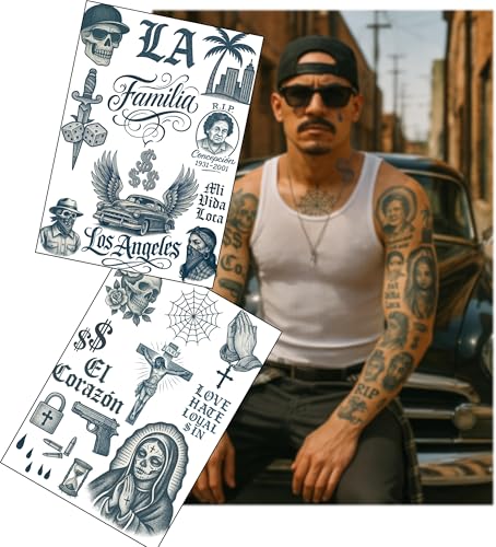 Cholo LA Gangster Fake Tattoos 2 A4 Sheets Old English Script Clown Girls Lowriders & Religious Ink Ultra-Real Temporary Tattoos for Film Cosplay & Halloween No Shine Skin Safe