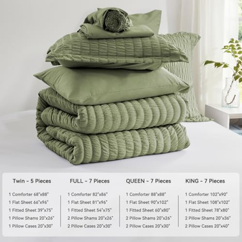 Image of Zzlpp Twin XL Comforter Set 5 pieces, Olive Green Seersucker Bed in a Bag with Comforter and Sheets, All Season Bedding Sets with 1 Comforter, 1 Pillow Sham, 1 Pillowcase, 1 Flat Sheet, 1 Fitted Sheet