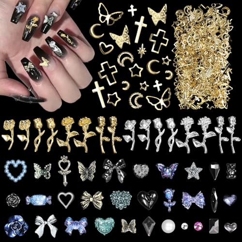 Gold Silver Rose Nail Charms & Art Studs, 450 Pcs Assorted Nails Charms with Pearls, Rhinestones & Flowers