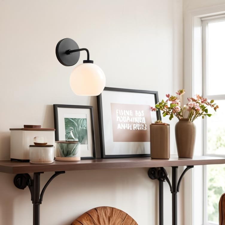 Image of Modern Glass Globe Single Sconce, Matte Black Metal Finish Wall Light for Bedroom, Hand-Polished Milky Glass Shade Vanity Light Beside Mirror, Elegant Light Fixtures for Indoor