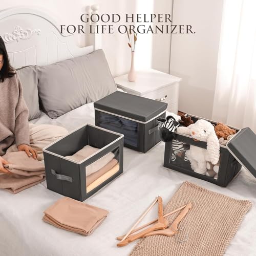Image of Homsorout Stackable Storage Bins with Lids - Medium Storage Box with Lids, Foldable Closet Boxes for Organizing, Wardrobe Clothes Organizer with Window, Cubes Bins for Living Room, 4 Pack, Dark Grey