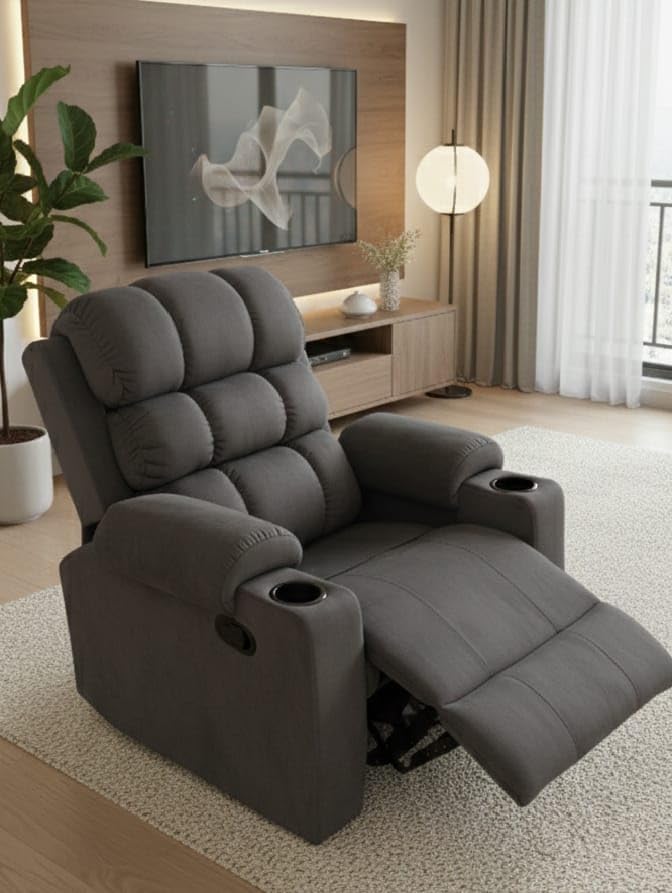 Image of Shah Recliner Cloud-Soft Single Seater Manual Recliner Chair with Cup Holder and Padded Armrest (Grey)
