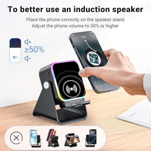 Image of Wireless Induction Speaker with Phone Stand, Rechargeable Bluetooth Audio Amplifier with RGB Colorful Light, Foldable Desktop Mobile Holder for iPhone, Samsung, Android, Home, Office & Gifts