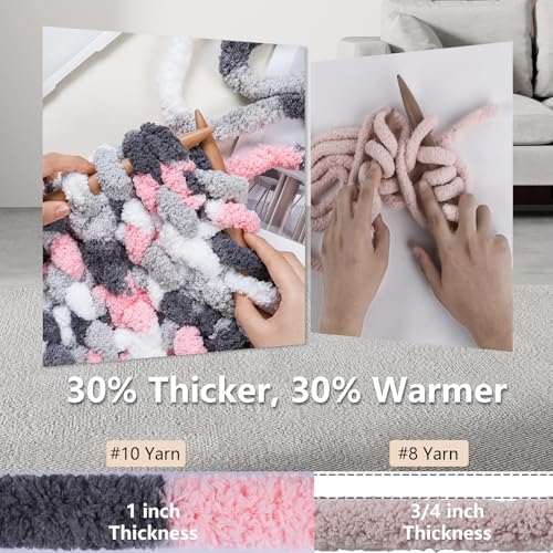 Image of Cozyful Chunky Yarn for Hand Knitting - #10 Chunky Chenille Blanket Yarn, Jumbo Big Thick Chunky Yarns for Crocheting, Tie Dye Bulky Knit Yarns, 8 Skein (20 yds 8 oz Each Skein), Pink & Grey & White