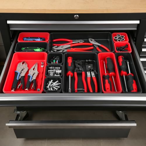 Image of TOOLEAGUE 46Pcs & 5 Sizes Tool Box Organizer with 15Lb Magnetic Pickup Pen | Drawer Organizer Tray Set, Garage Organization and Storage Workshop Rolling Tool Chest WorkBench Small Part(Black, Red)