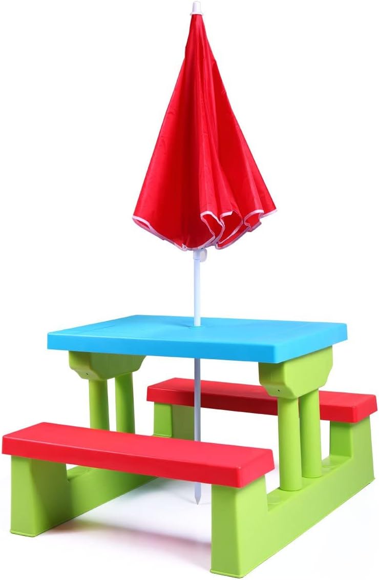 Kids PicnicTable Set Folding Outdoor Children Set Rainbow Bench w/Umbrella