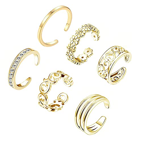 6 Piezas Anillo de Nudillos, Ajustable Anillo de Dedo, Anillos Abiertos del Pie, Anillos Abiertos del Dedo, Anillo de Cola, Meñique Anillo, Apilable, para Mujeres Niñas (Dorado)