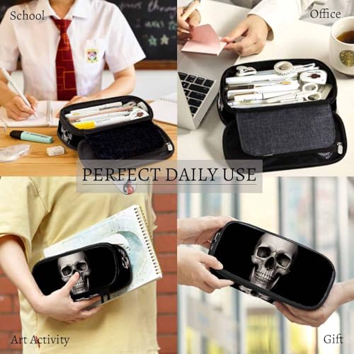 Image of Yekiua Human Skull Pencil Holder Fashion Dramatic Lightning Big Capacity Pencil Case Multi-Purpose Makeup Pouch For Office College Adult Black